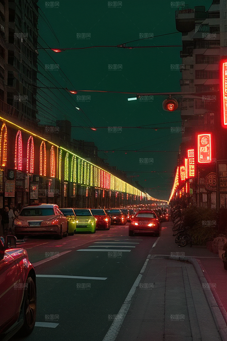 夜晚街道车流不息