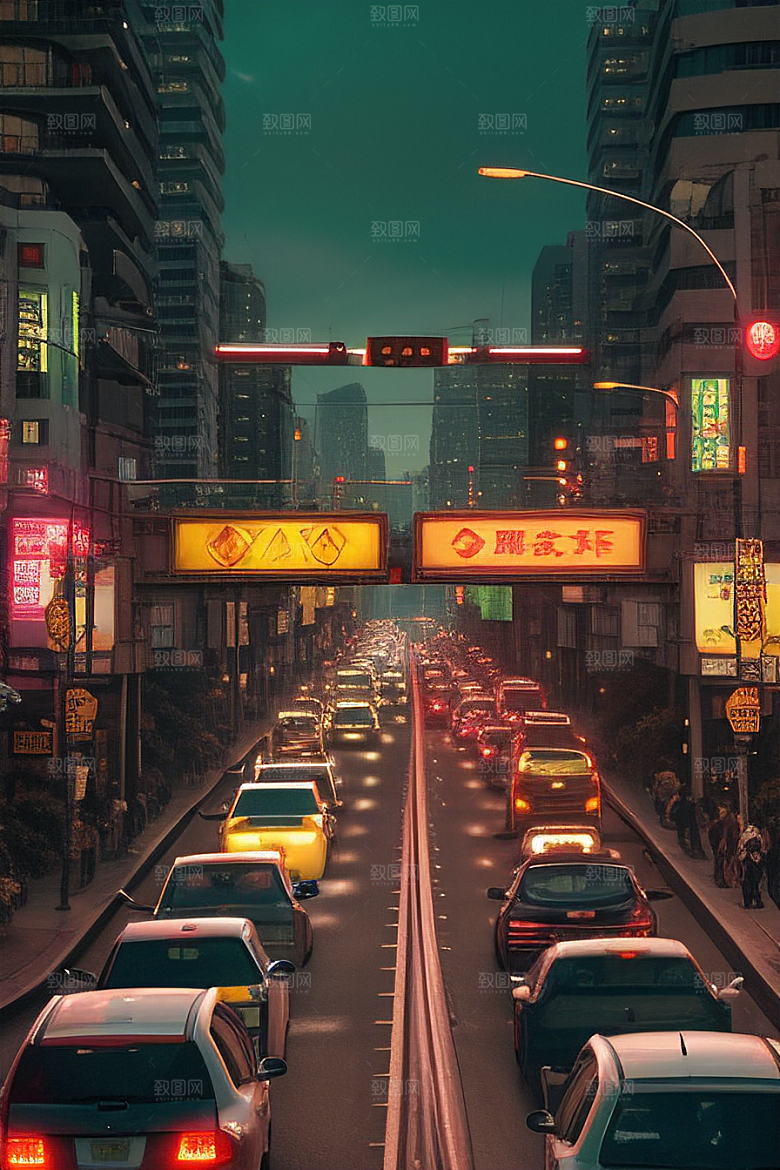 夜晚街道车流不息