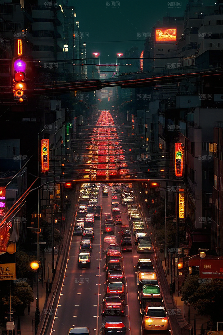 夜晚街道车流不息