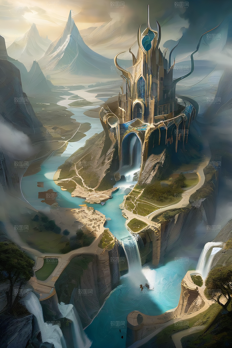 精灵宫殿水晶瀑布与魔法建筑