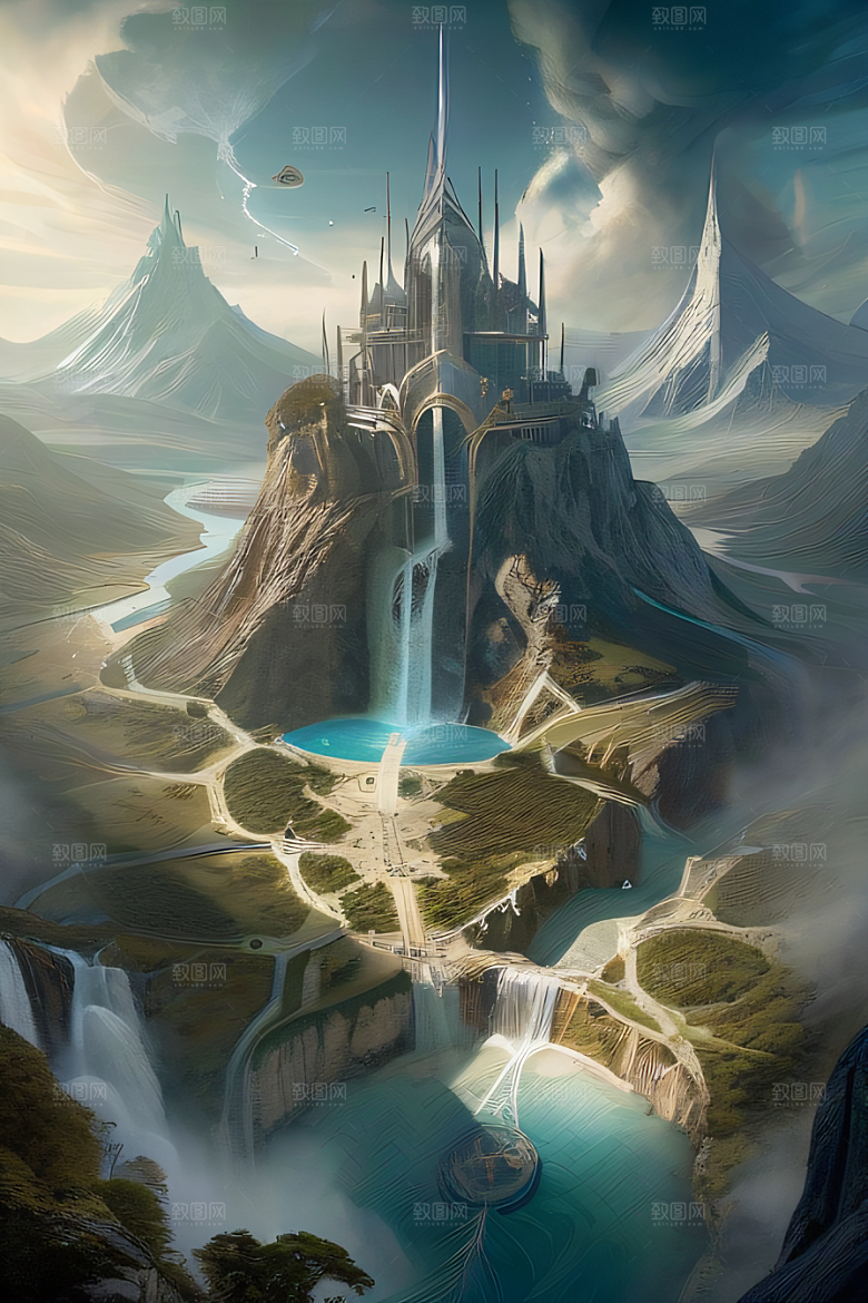 精灵宫殿水晶瀑布与魔法建筑