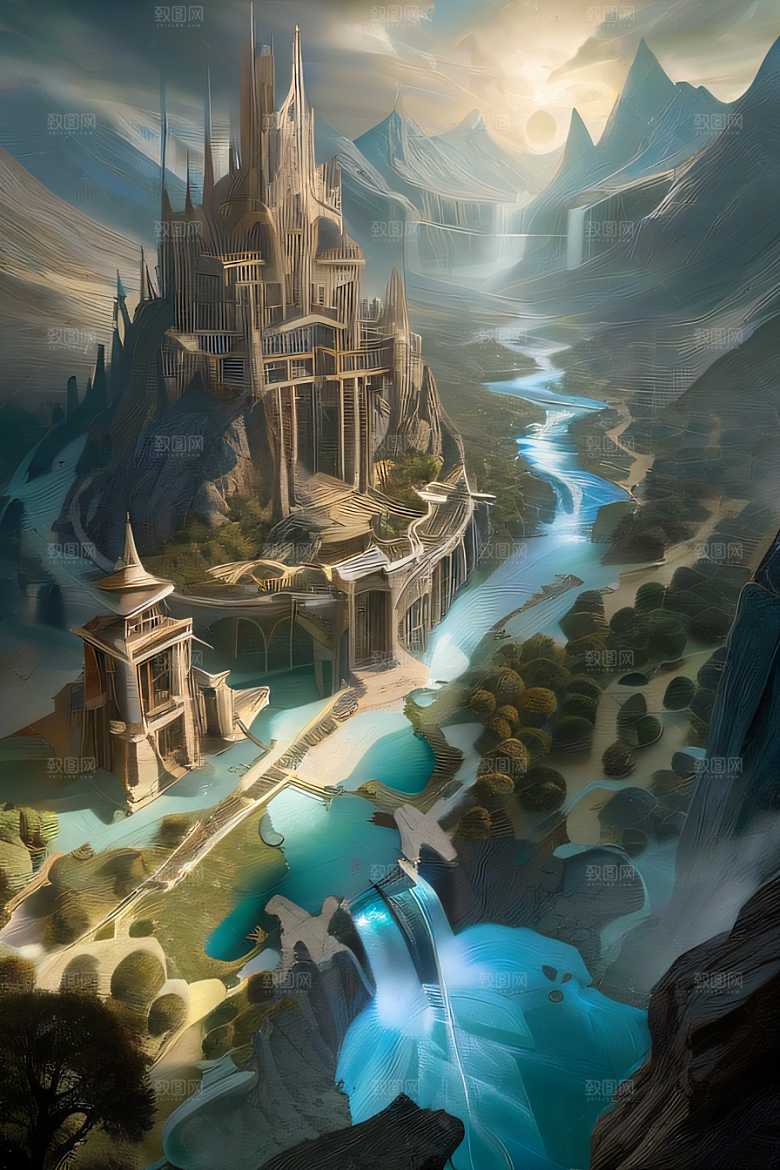 精灵宫殿水晶瀑布与魔法建筑