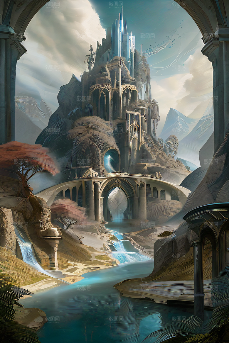 精灵宫殿水晶瀑布与魔法建筑