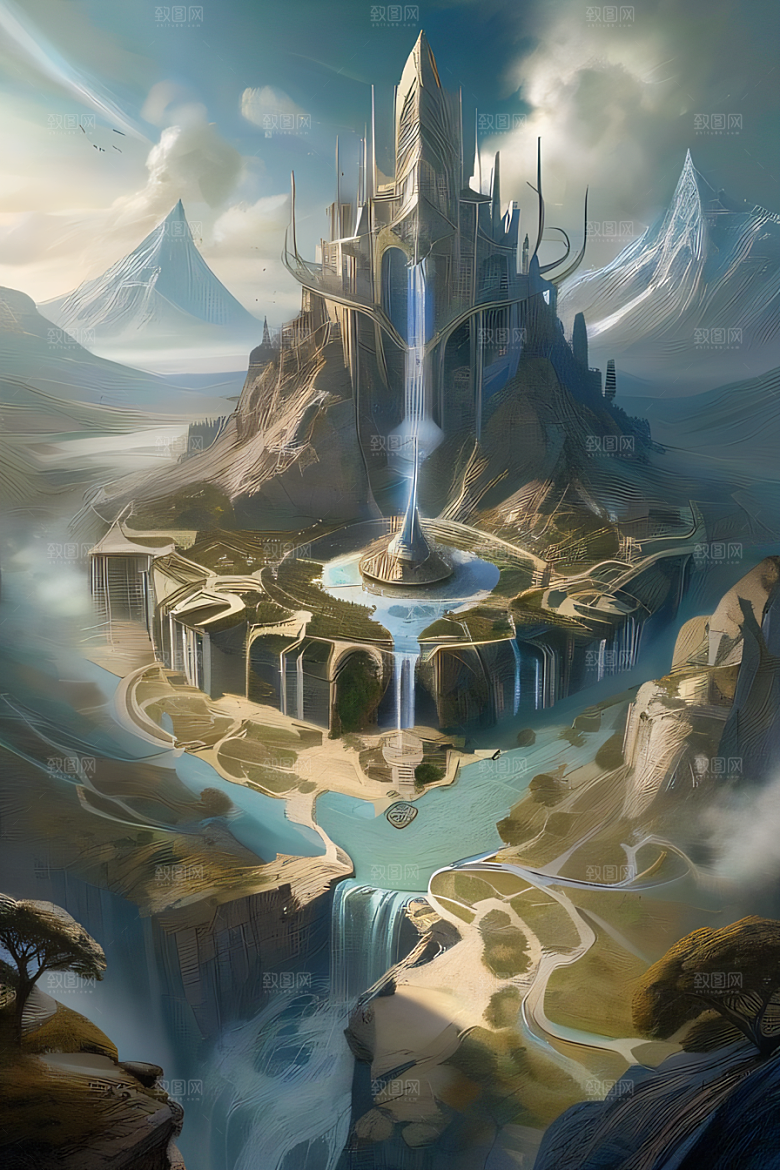 精灵宫殿水晶瀑布与魔法建筑