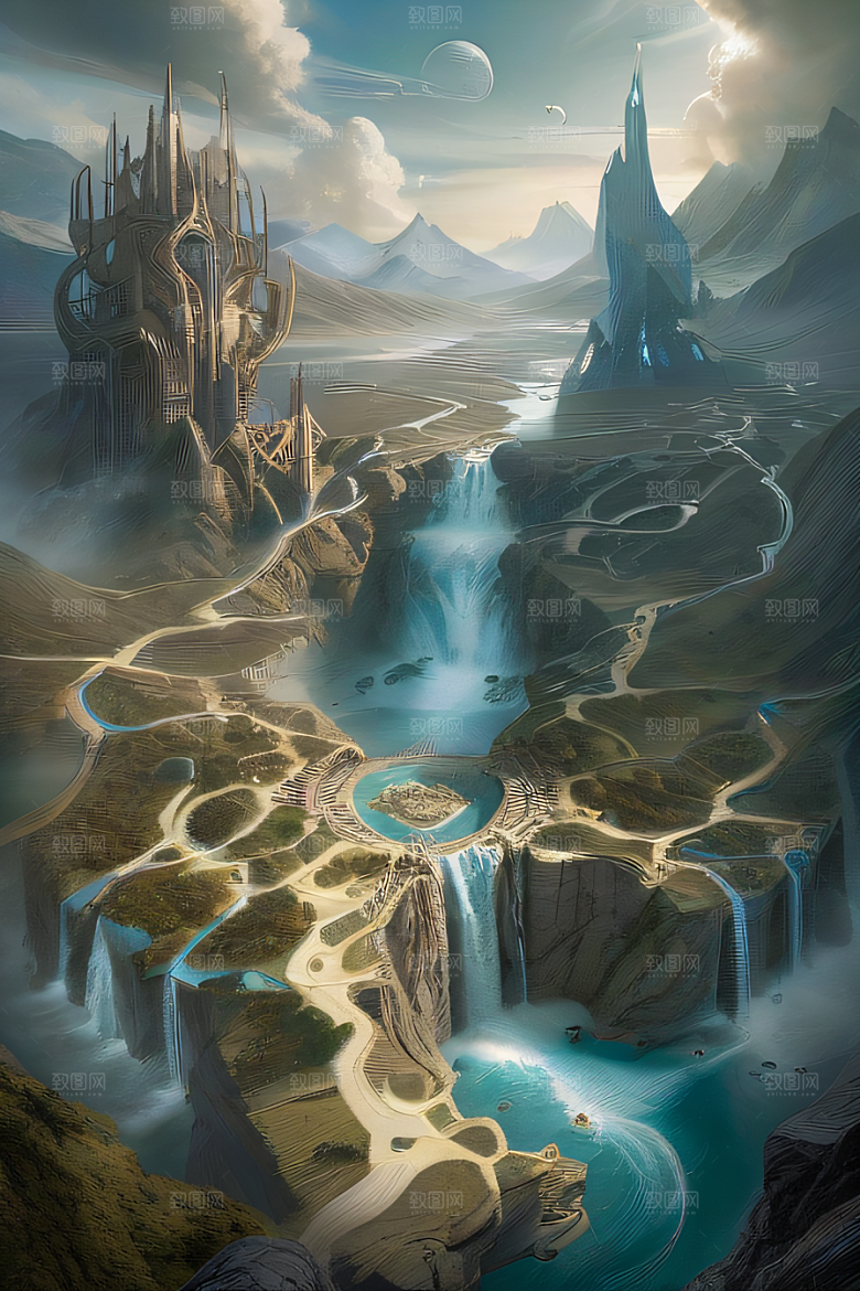 精灵宫殿水晶瀑布与魔法建筑