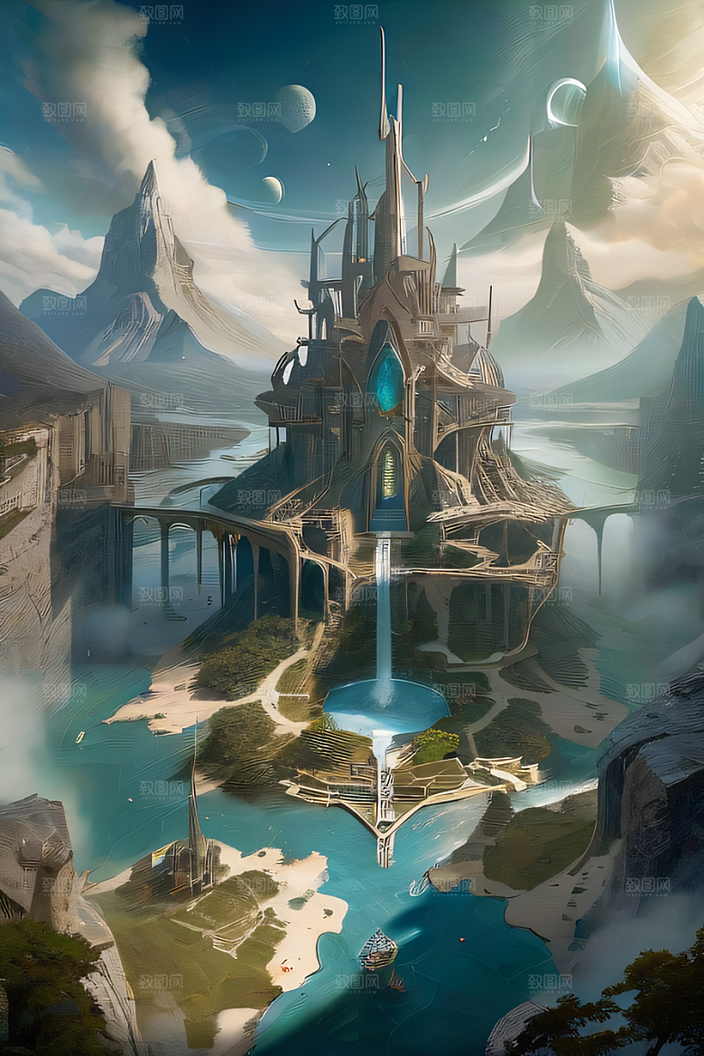 精灵宫殿水晶瀑布与魔法建筑