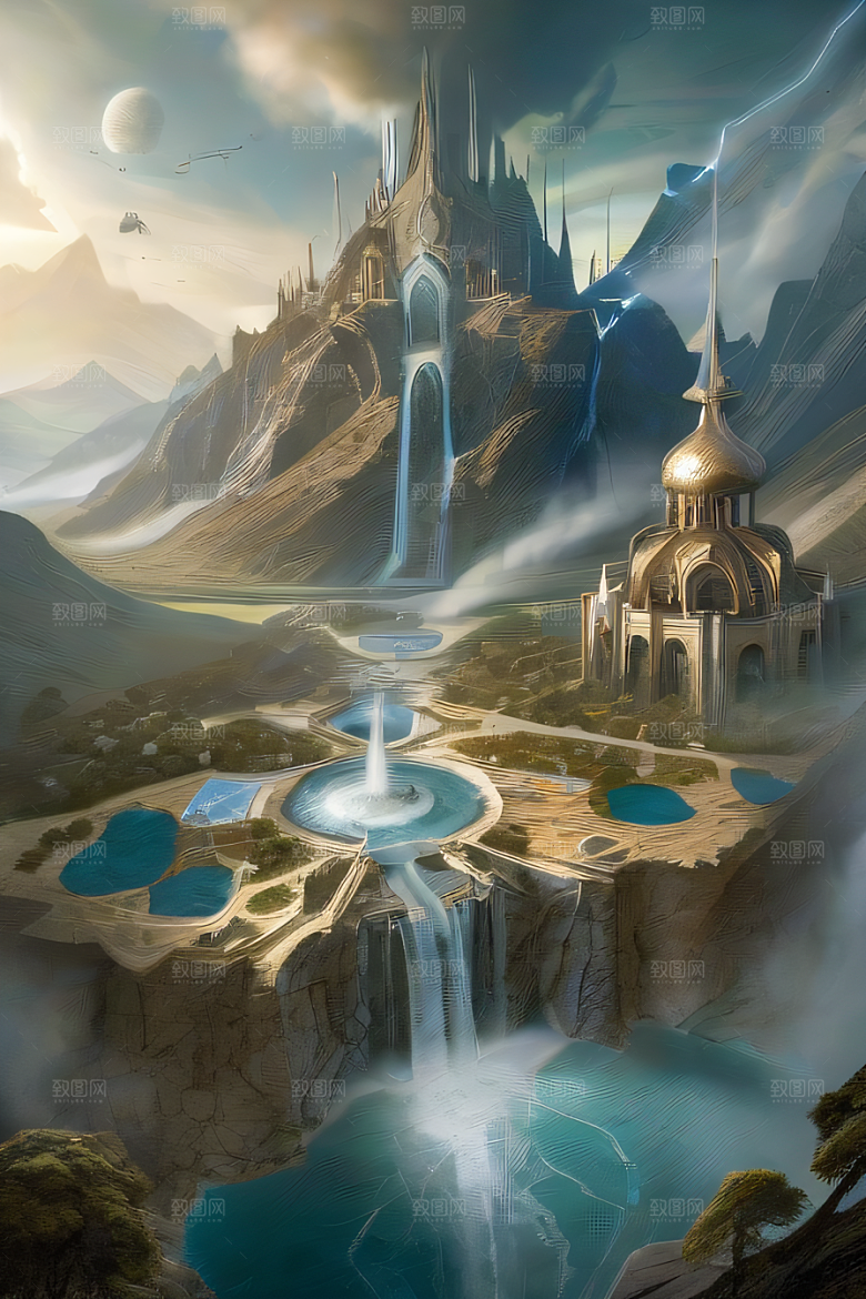 精灵宫殿水晶瀑布与魔法建筑