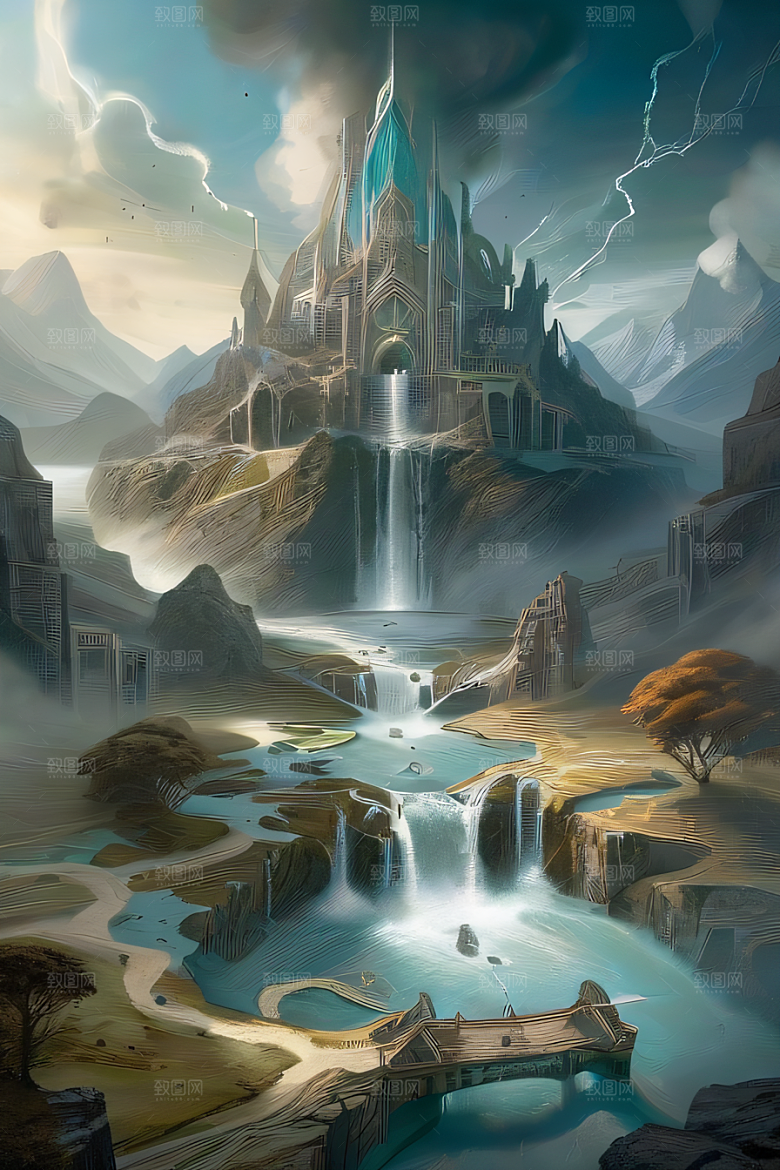 精灵宫殿水晶瀑布与魔法建筑