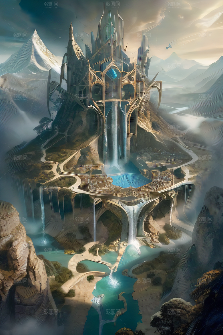 精灵宫殿水晶瀑布与魔法建筑
