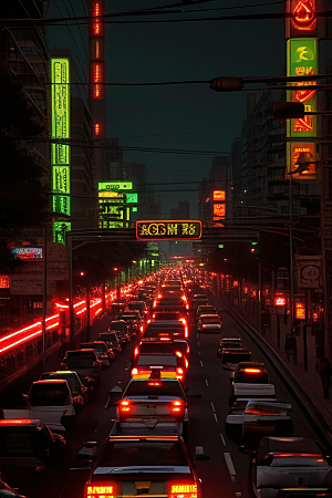 夜晚街道上繁忙车流