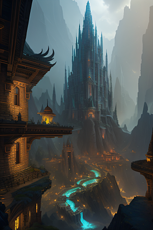 精灵宫殿水晶瀑布与魔法建筑