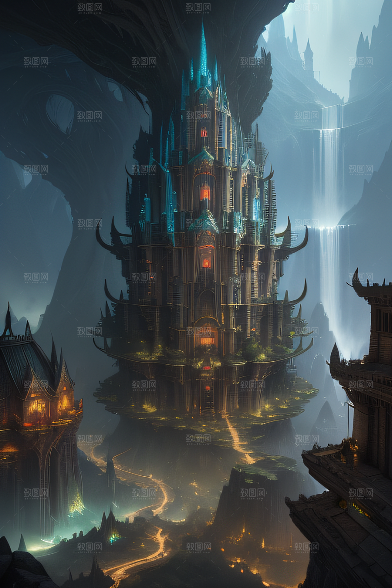 精灵宫殿水晶瀑布与魔法建筑