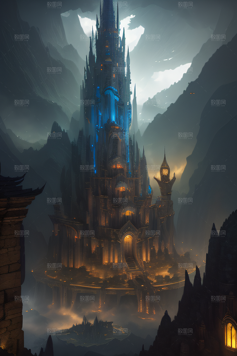 精灵宫殿水晶瀑布与魔法建筑