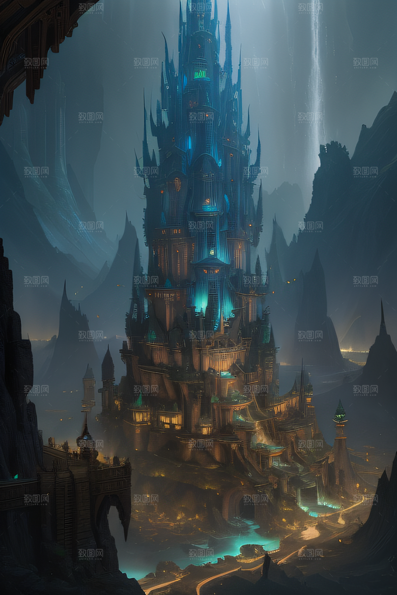精灵宫殿水晶瀑布与魔法建筑