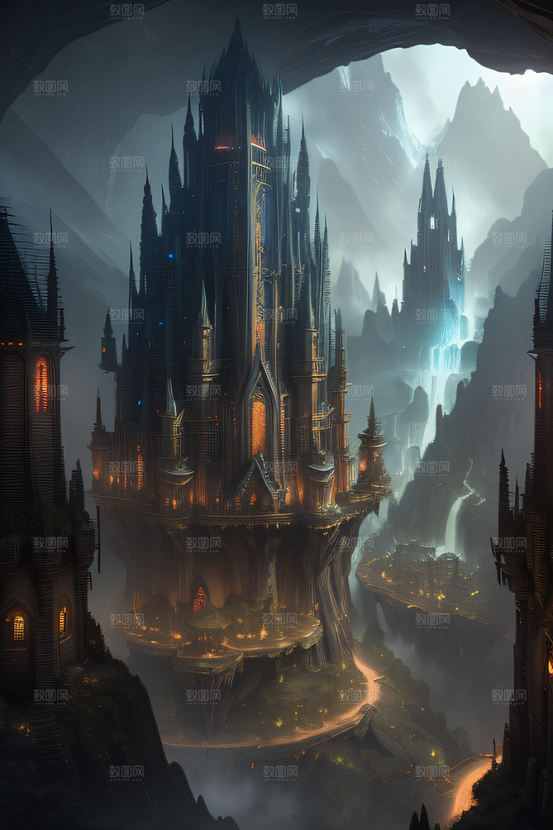 精灵宫殿水晶瀑布与魔法建筑