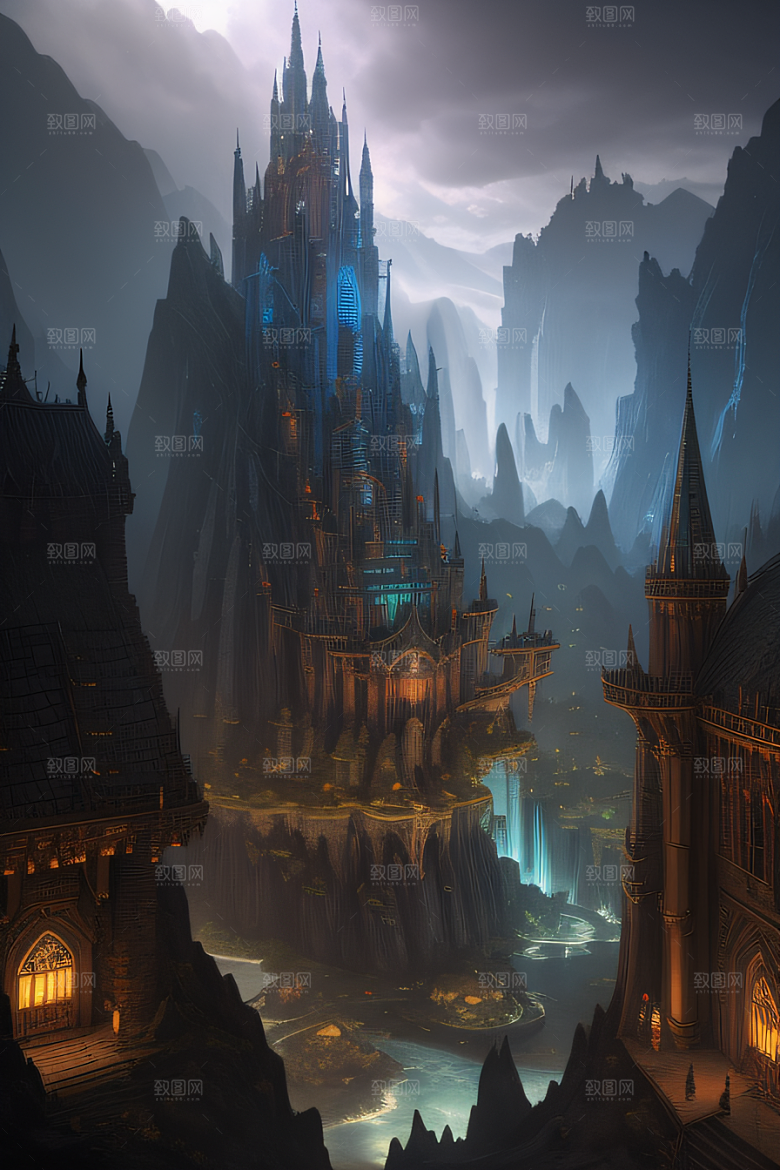 精灵宫殿水晶瀑布与魔法建筑