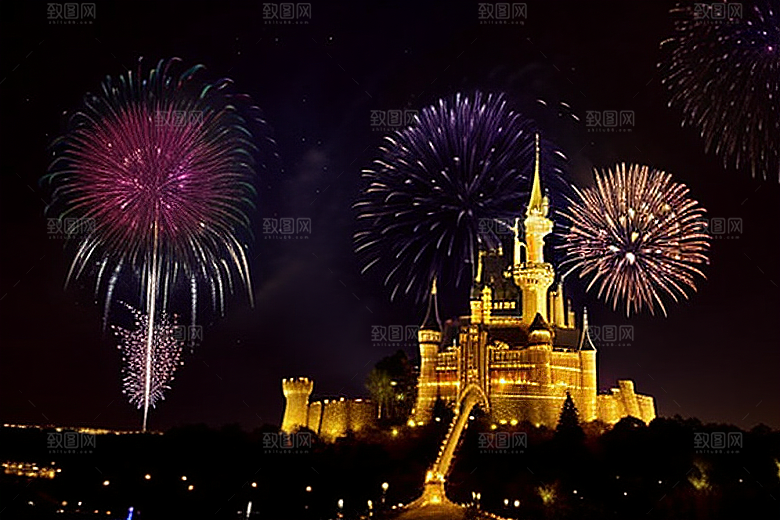 城堡烟花绚丽多姿