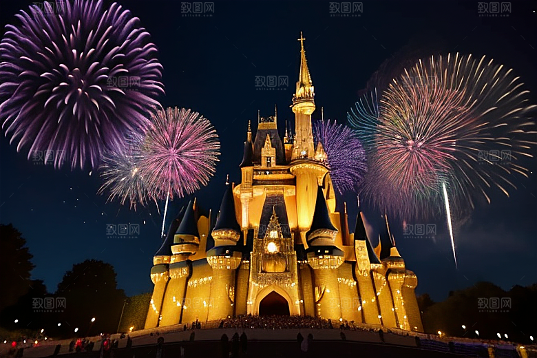 五彩的烟花绽放在城堡上空