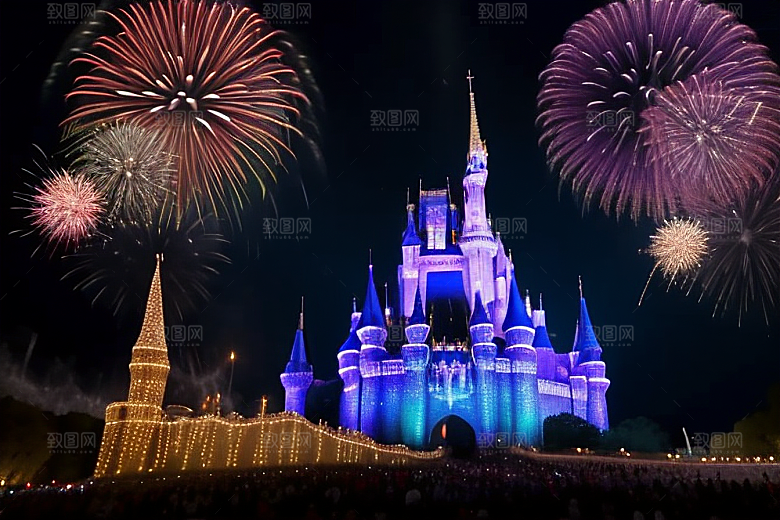 五彩的烟花绽放在城堡上空