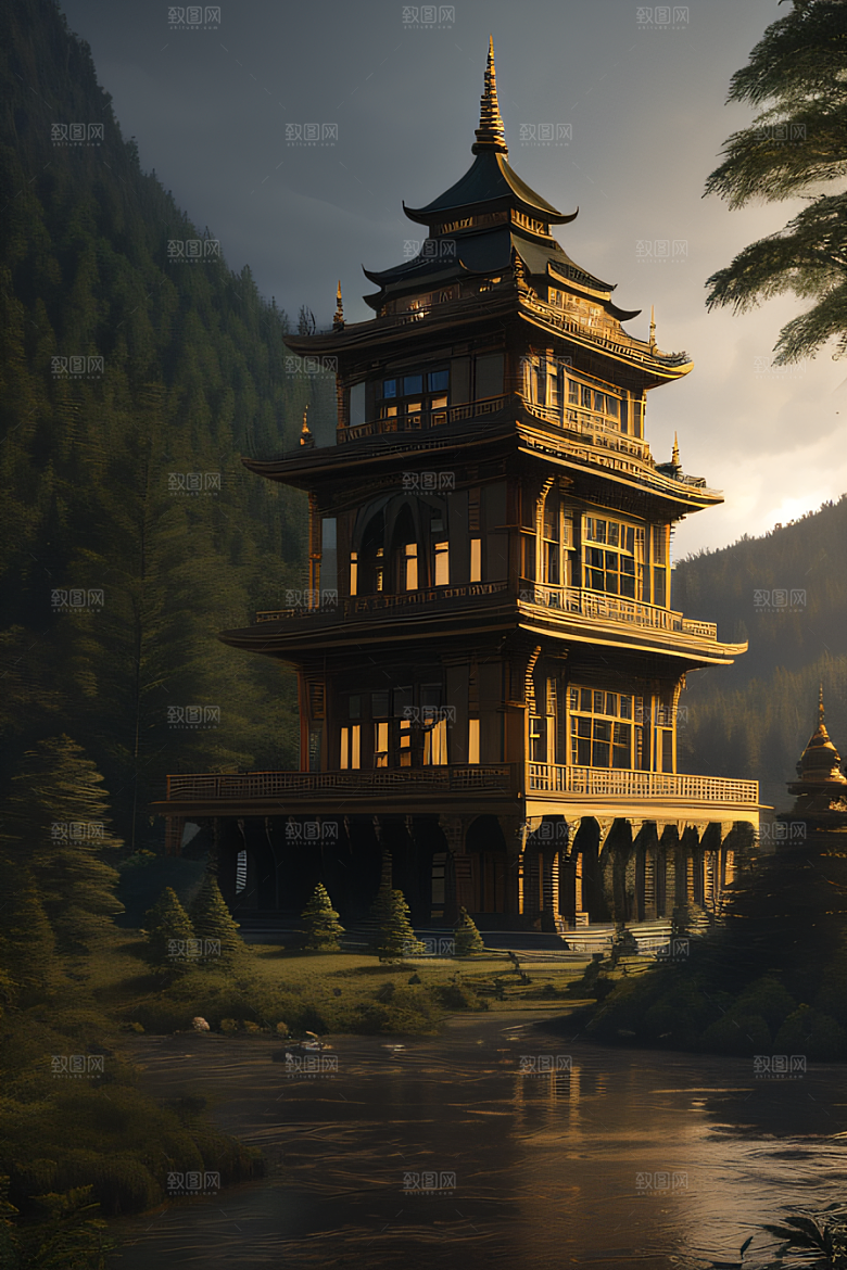 绝美的河畔景色图案
