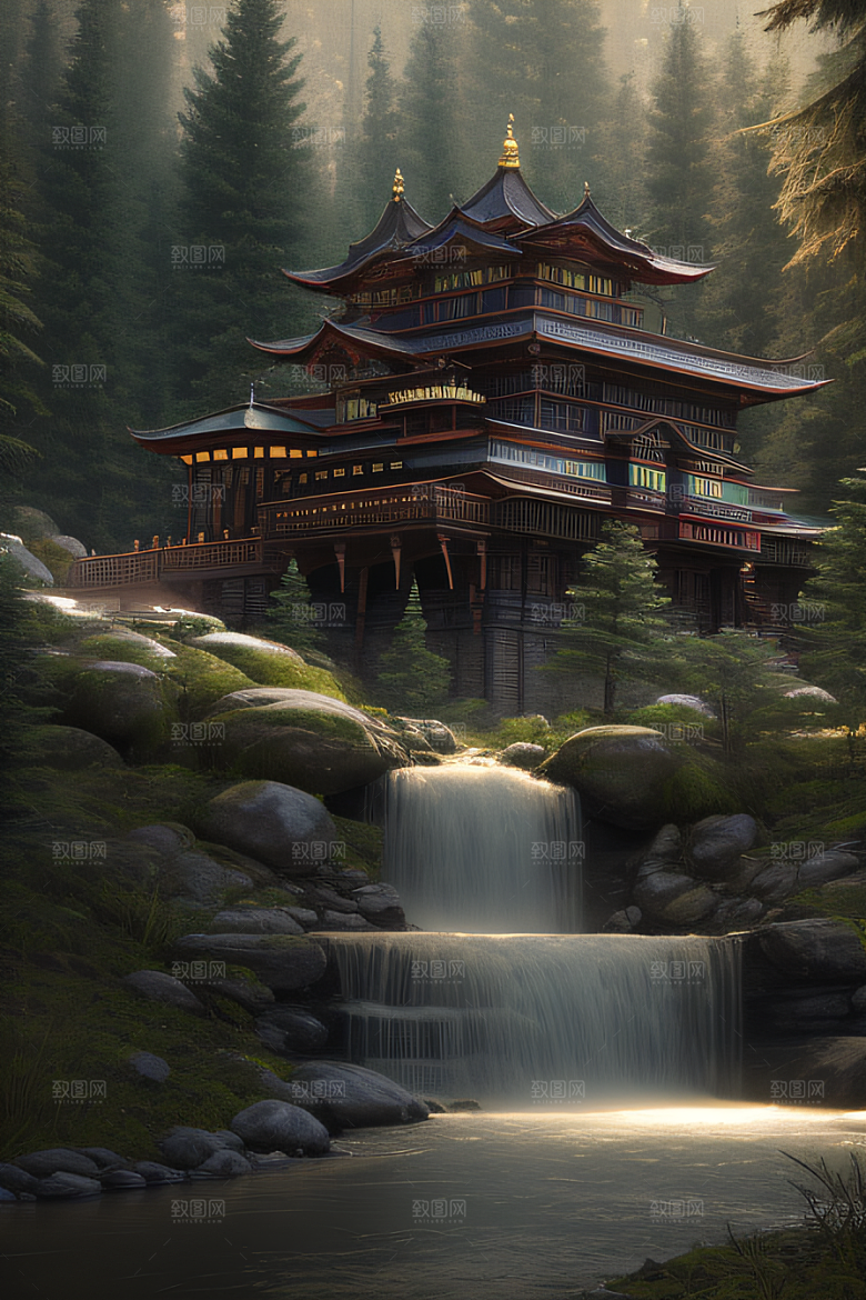 神秘光影下的瀑布景观