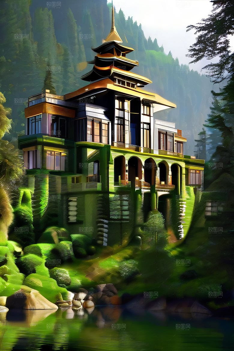 绝美的河畔景色图案