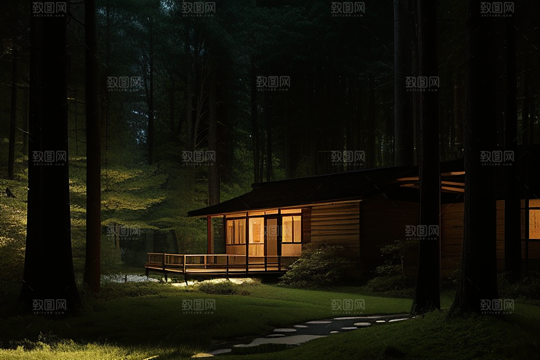 小木屋亮着灯光跟烟雾