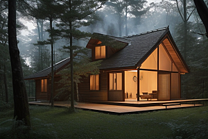 亮着灯光的小木屋