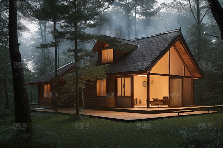 亮着灯光的小木屋