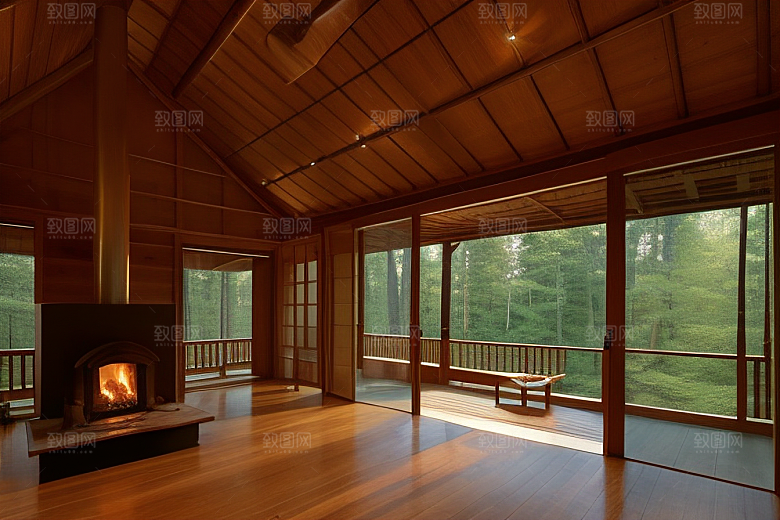 亮着灯光的小木屋