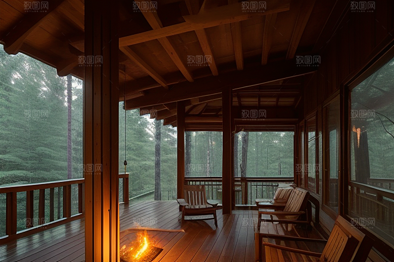 亮着灯光的小木屋