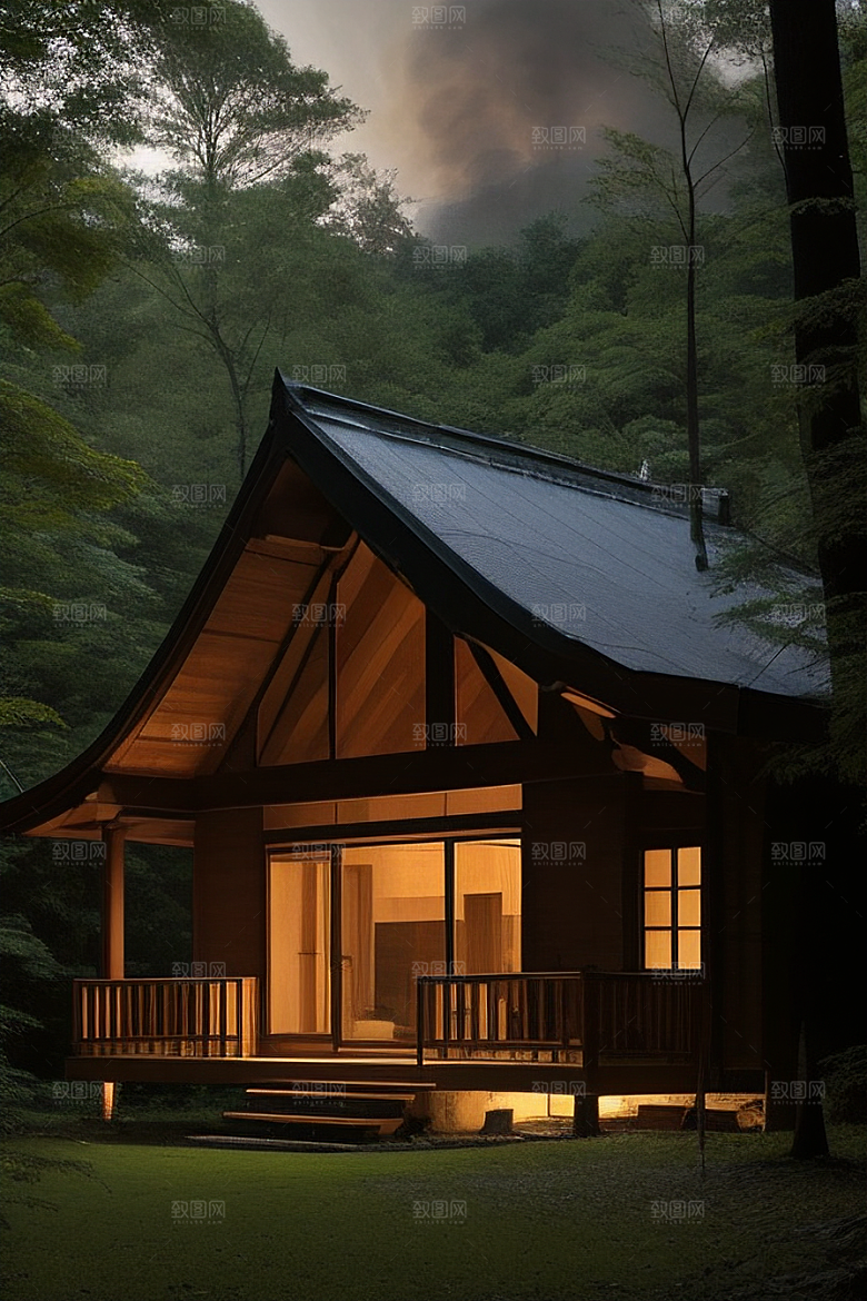 亮着灯光的小木屋
