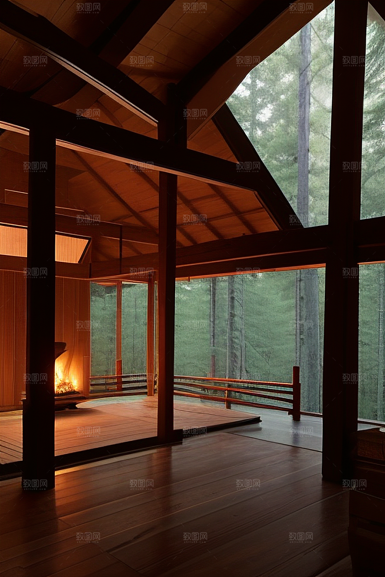 亮着灯光的小木屋