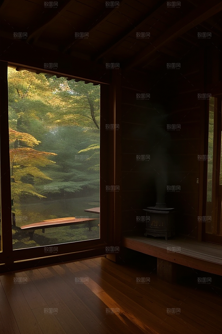 亮着灯光的小木屋