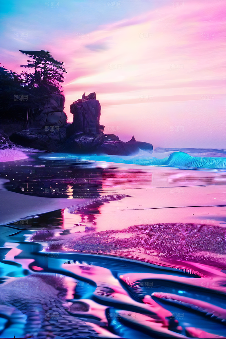 海滩上的粉色落日