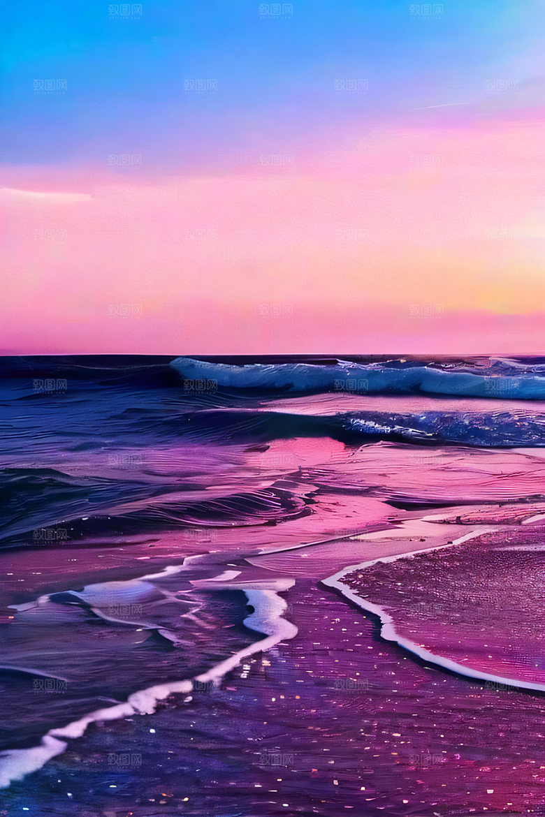 海滩上的粉色落日