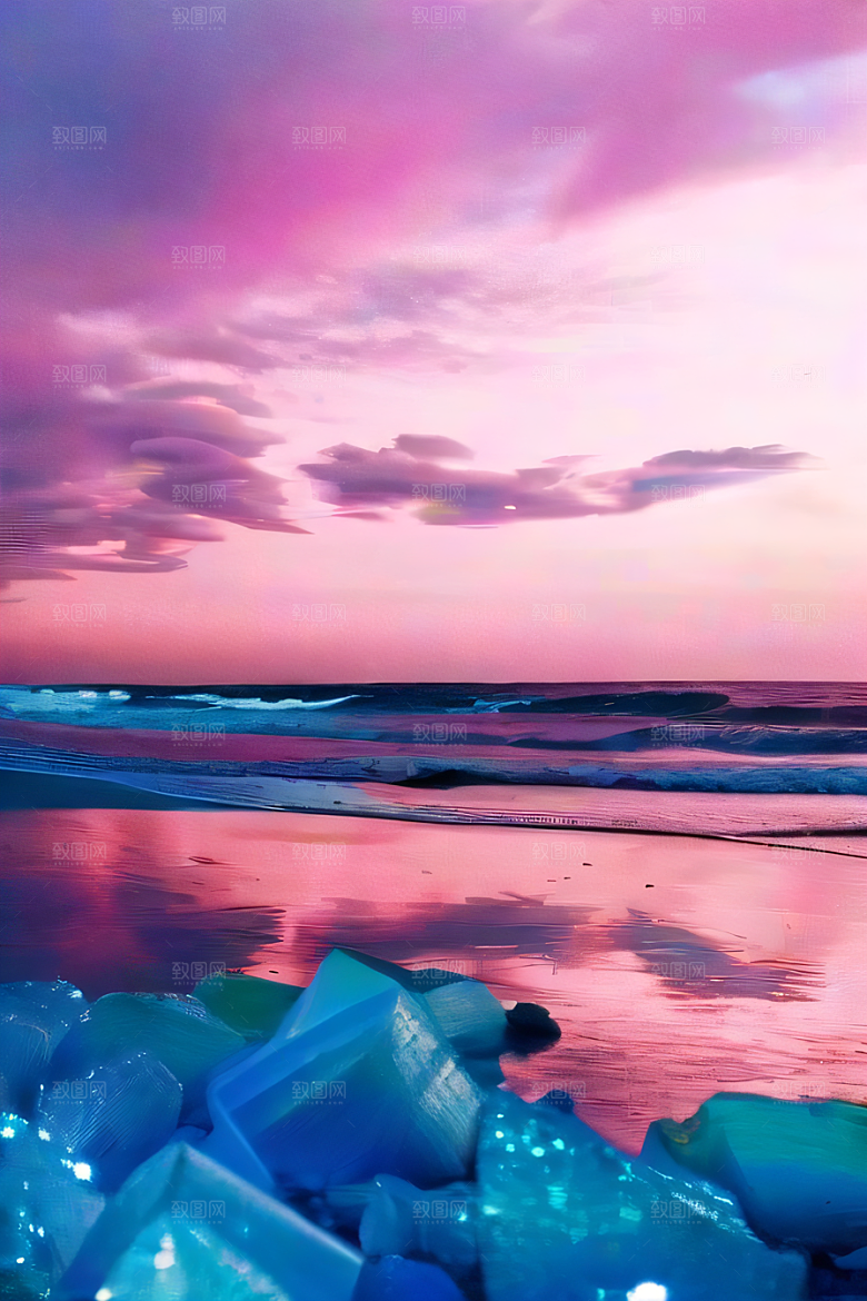 海滩上的粉色落日