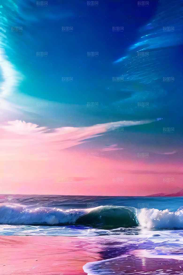 海滩上的粉色落日