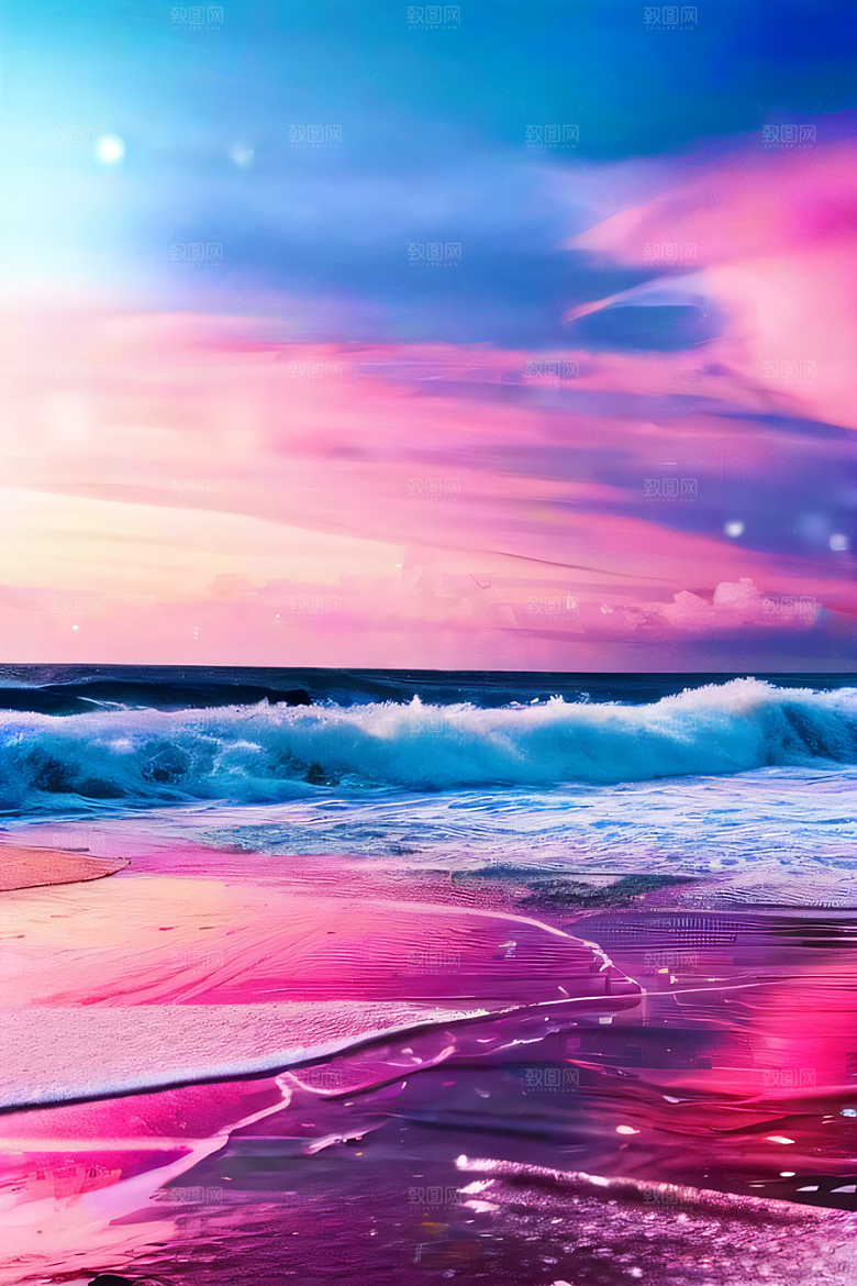 海滩上的粉色落日