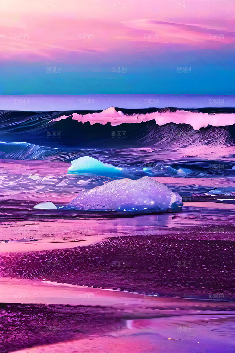 海滩上的粉色落日