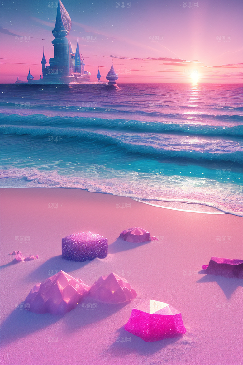 海滩上的粉色落日