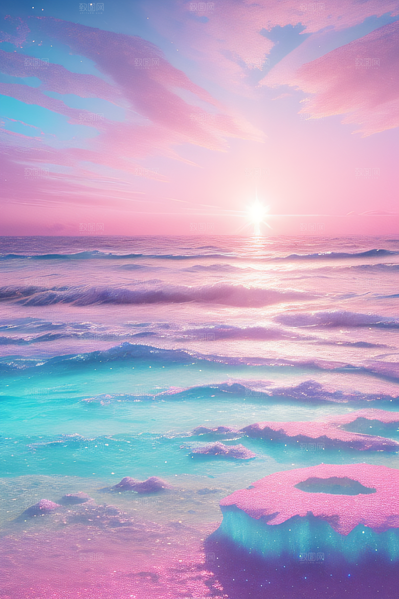海滩上的粉色落日