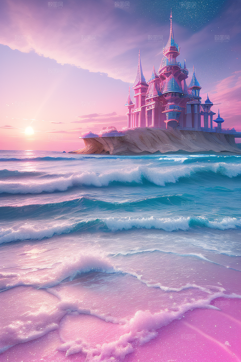 海滩上的粉色落日