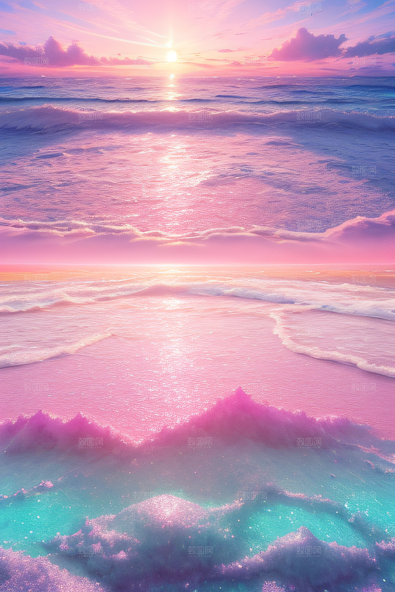 海滩上的粉色落日