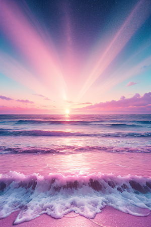 海滩上的粉色落日