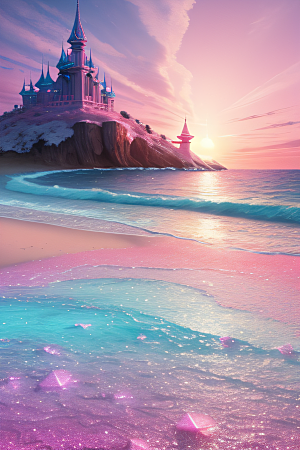 海滩上的粉色落日