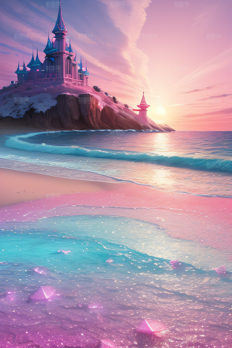 海滩上的粉色落日