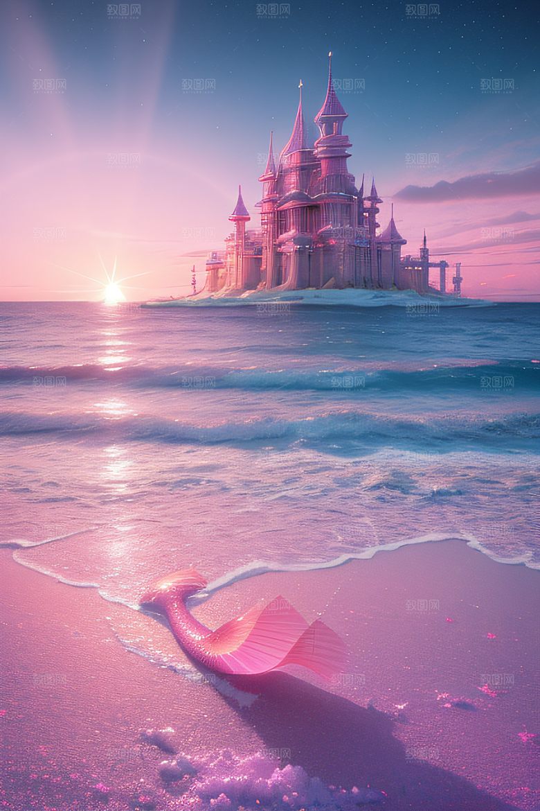 海滩上的粉色落日