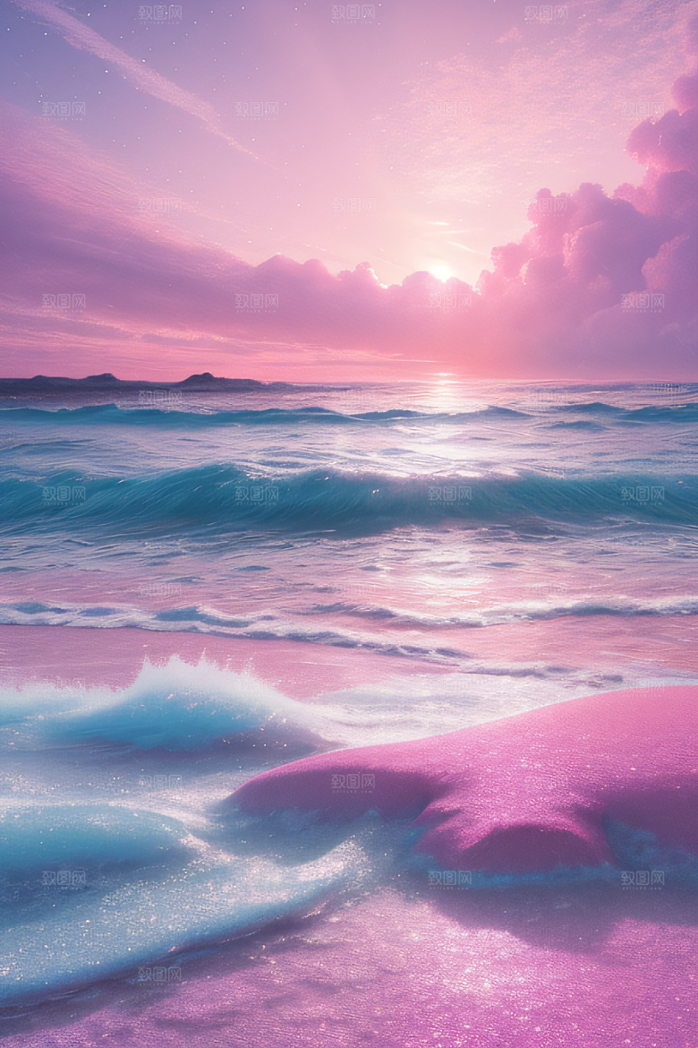 海滩上的粉色落日