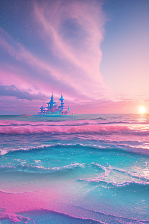 海滩上的粉色落日